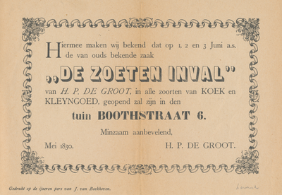 712867 Herdruk van een reclamebiljet van “De Zoeten Inval”, H.P. de Groot, in alle zoorten van Koek en Kleyngoed, tuin ...